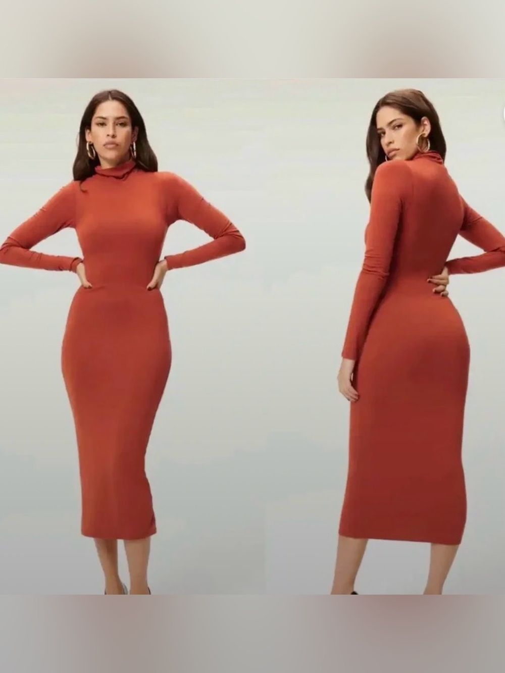 Good American Slim Turtleneck Midi Dress in Rust Orange
